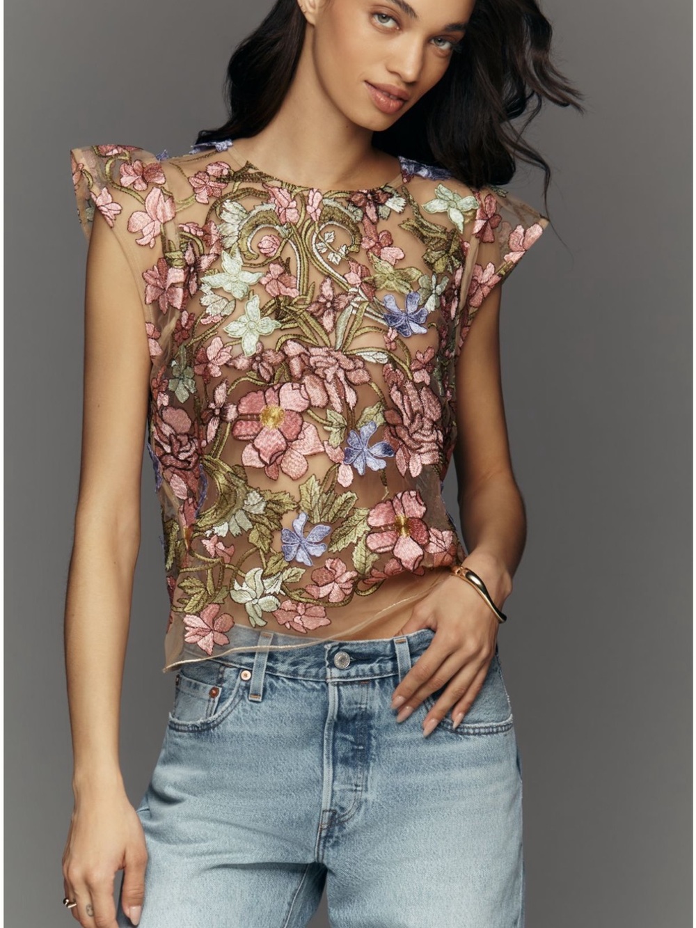 Dolan left coast Embroidered Floral Sheer Cap-Sleeve Top in Blush Multi size s